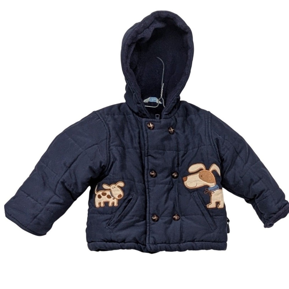 Le Petit Rothschild Navy Blue Quilted Dog Applique Hooded Winter‎ Jacket 6/9M